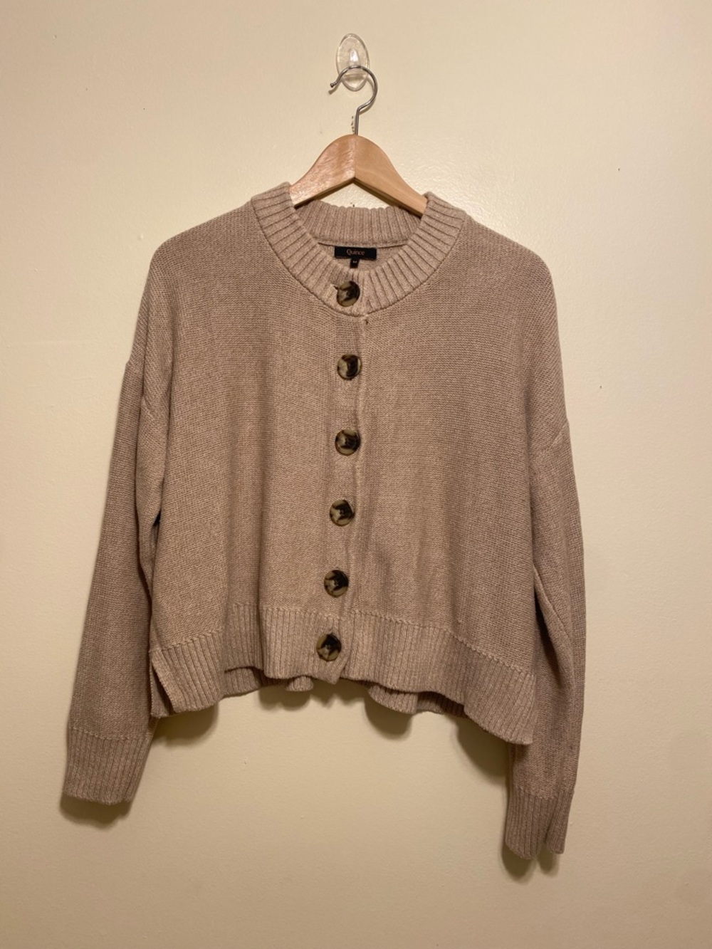Quince Taupe Button-Front Crew Orhanic cotton Cropped Cardigan. Size M - Picture 2 of 11